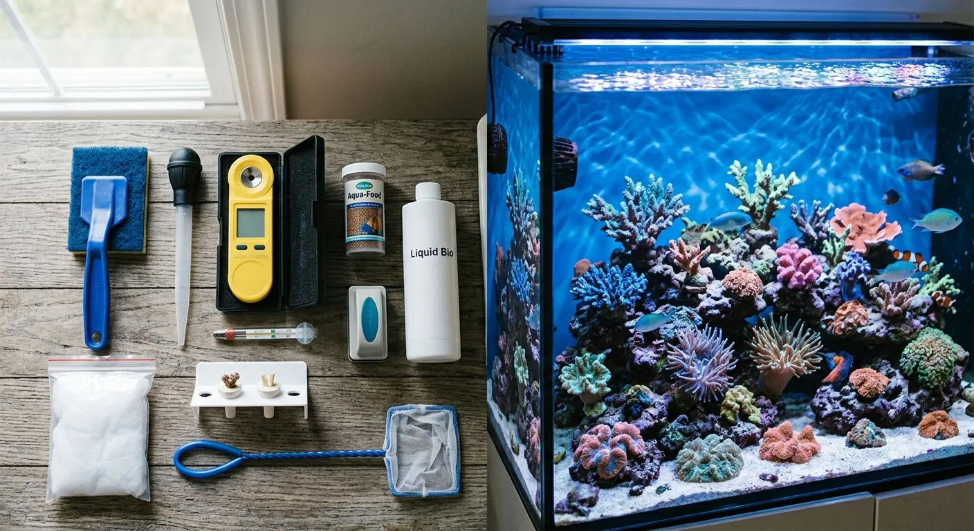 Affordable reef aquarium accessories beside a reef tank
